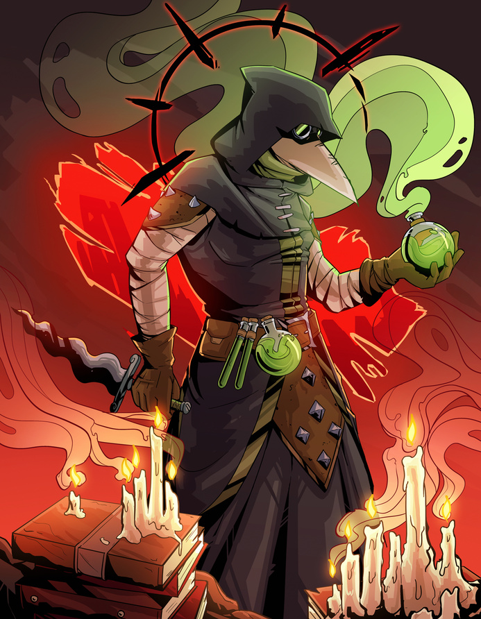 A cellshaded full illustration fanart of the Plague Doctor, from the game Darkest Dungeon. It would cost 175€. (175€ starting price as it is a halfbody instead of a fullbody, no extra price added for the simpler bg.)