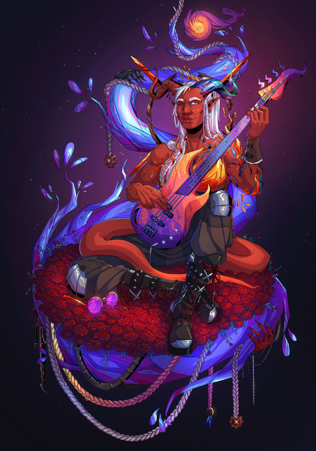 A cellshaded full illustration of my character, Yxala. A commission like this would currently cost 250€. (200€ starting price + a complexity fee due to the many elements of the background and the bass)