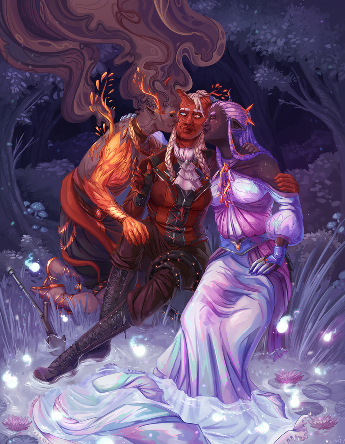 A painted full illustration of my characters, Yxala, Urion and Relent. A commission like this would currently cost 350€. (200€ starting price, with the added fee for the two extra characters.)