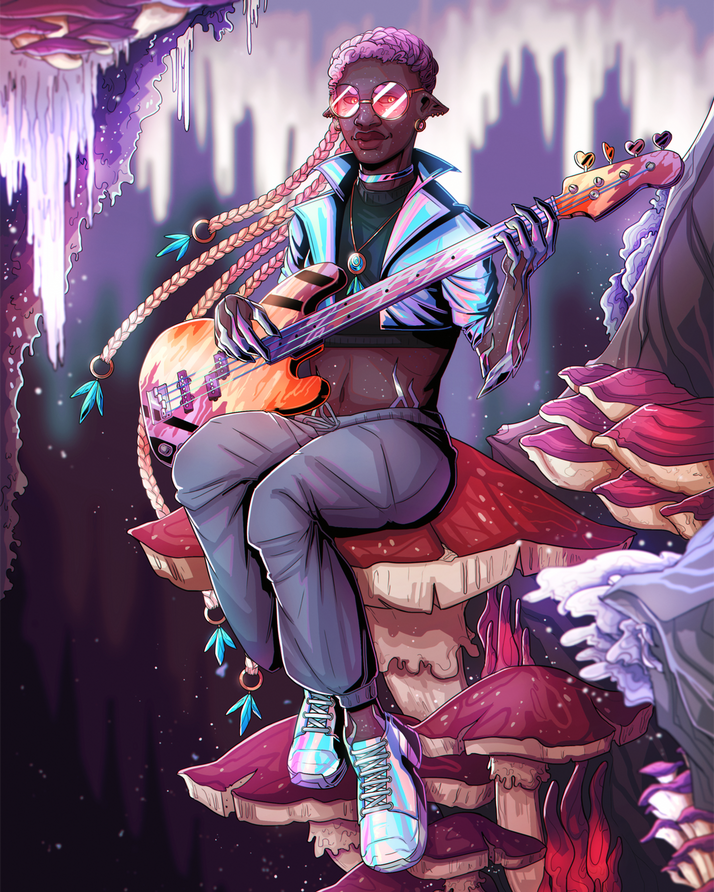 A cellshaded full illustration of my character, Urion. A commission like this would currently cost 225€. (200€ starting price, with the added fee for the bass and multiple braids.)