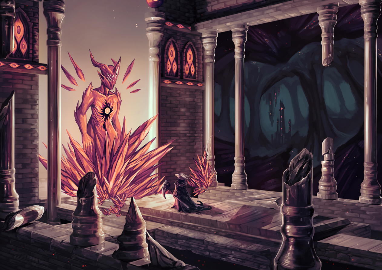 A painted full illustration for a personal project. A commission like this would currently cost 300€. (200€ starting price, with the added pricing for a complex architectural background.)