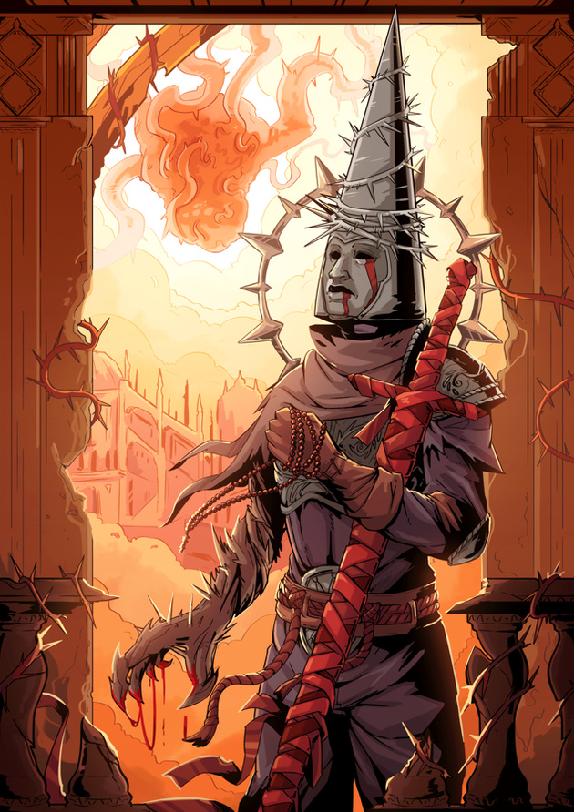 A cellshaded full illustration fanart of The Penitent One, from the game Blasphemous. A commission like this would cost 200€. (175€ starting price as it is a halfbody instead of a fullbody, with an added fee for the architecture.)