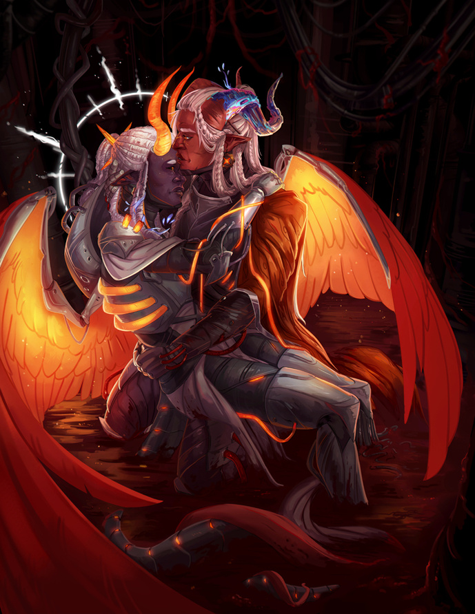 A painted full illustration of my characters, Yxala and Urion / The Onirist. A commission like this would currently cost 300€. (200€ starting price, + extra for the character, mechanical complexity and wings.)