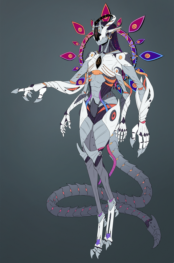 A flatcolored fullbody of my character, Argyros. A commission like this would currently cost 120€. (100€ as a flat color, +20€ as a complexity fee due to the mechanical aspect of the design.)