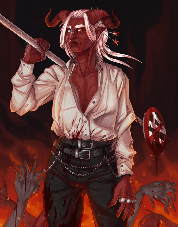 A painted halfbody featuring my character, Yxala. It would currently cost 135€ (base price + 15€ due to the background work)