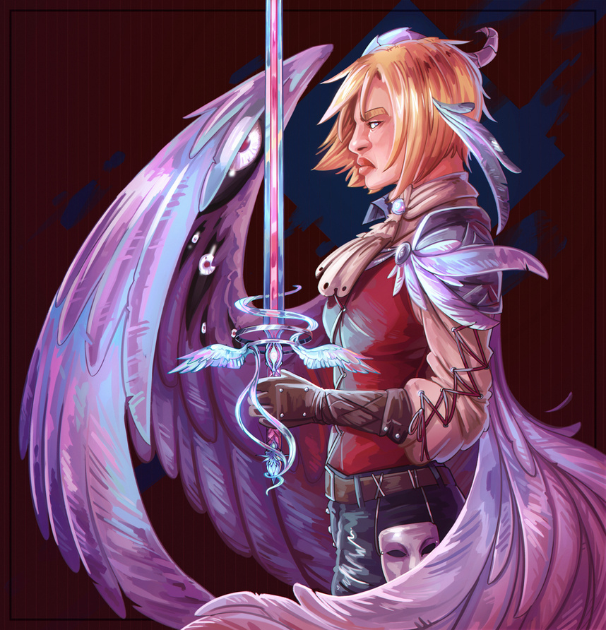 A painted halfbody gift to @absent_lambeth featuring their character, Laestis. It would currently cost 135€ (base price + background wing)