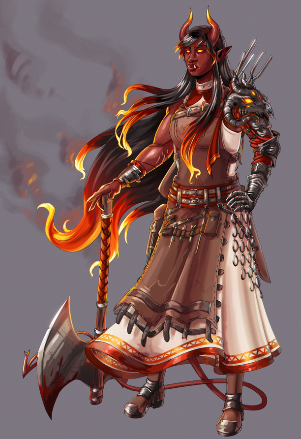 A painted fullbody gift to @plaguecleric featuring their character, Vatrra. A commission like this would currently cost 140€